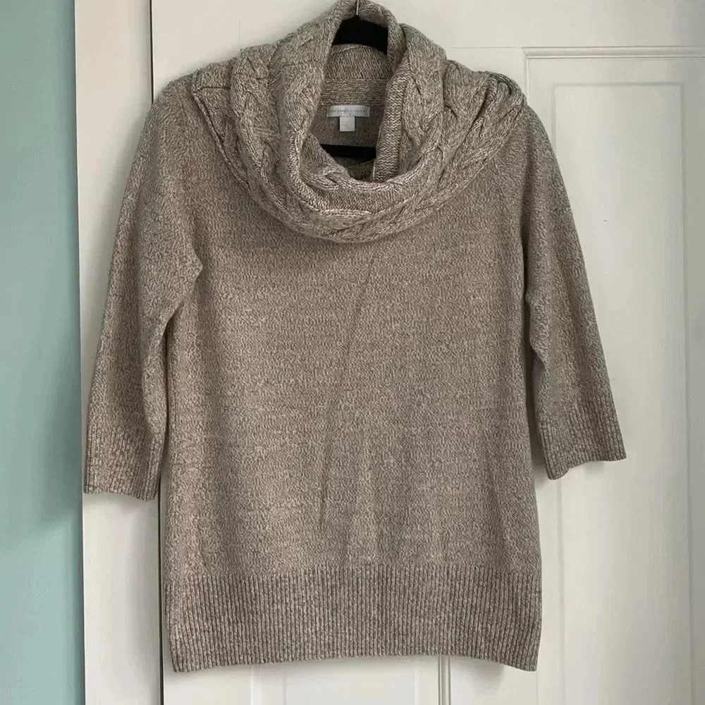 New York & Company Three Quarter Sleeve Knit Braided Turtleneck Tan Sweater M